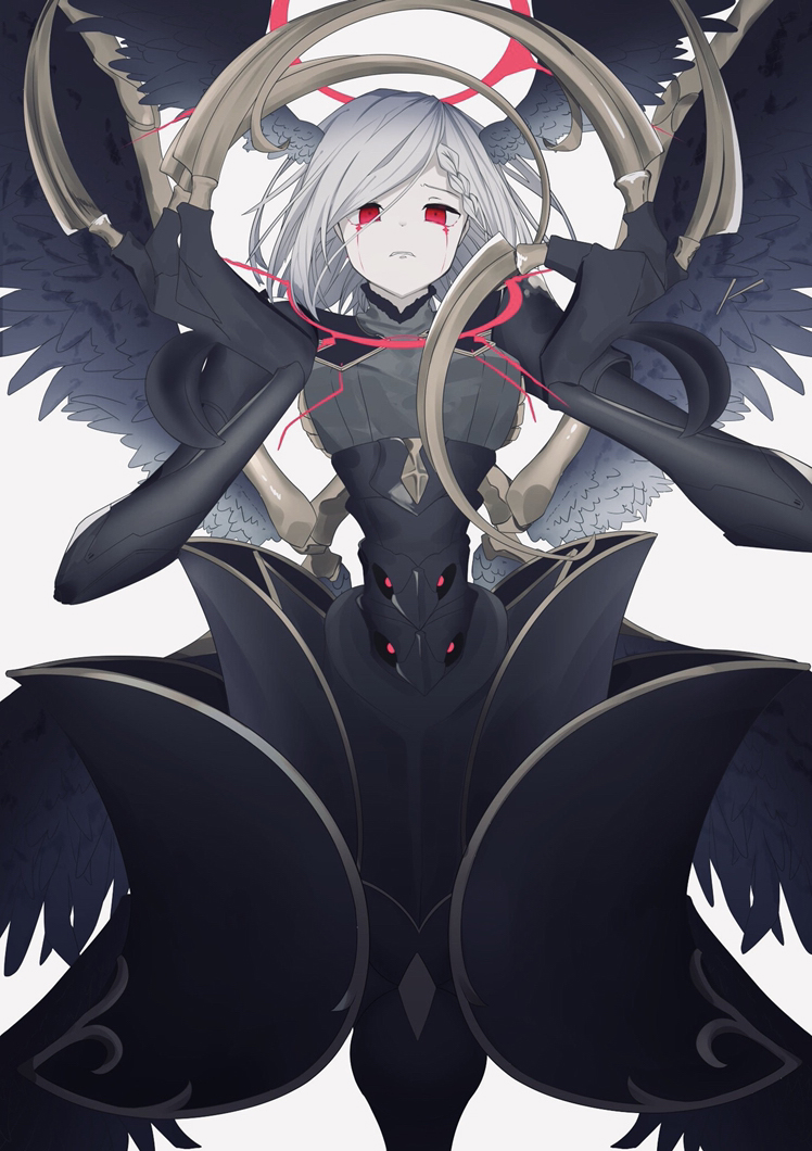 1girl, bad_id, bad_pixiv_id, black_wings, blood, blood_from_eyes, braid, chaos_hecate_(grimms_notes)