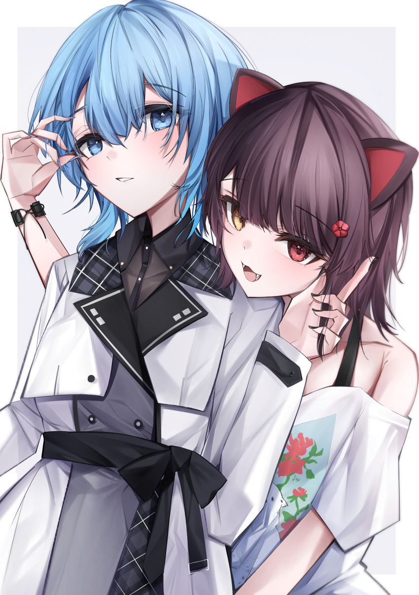 2girls, :3, absurdres, animal_ears, blazer, blue_eyes, blue_hair, border