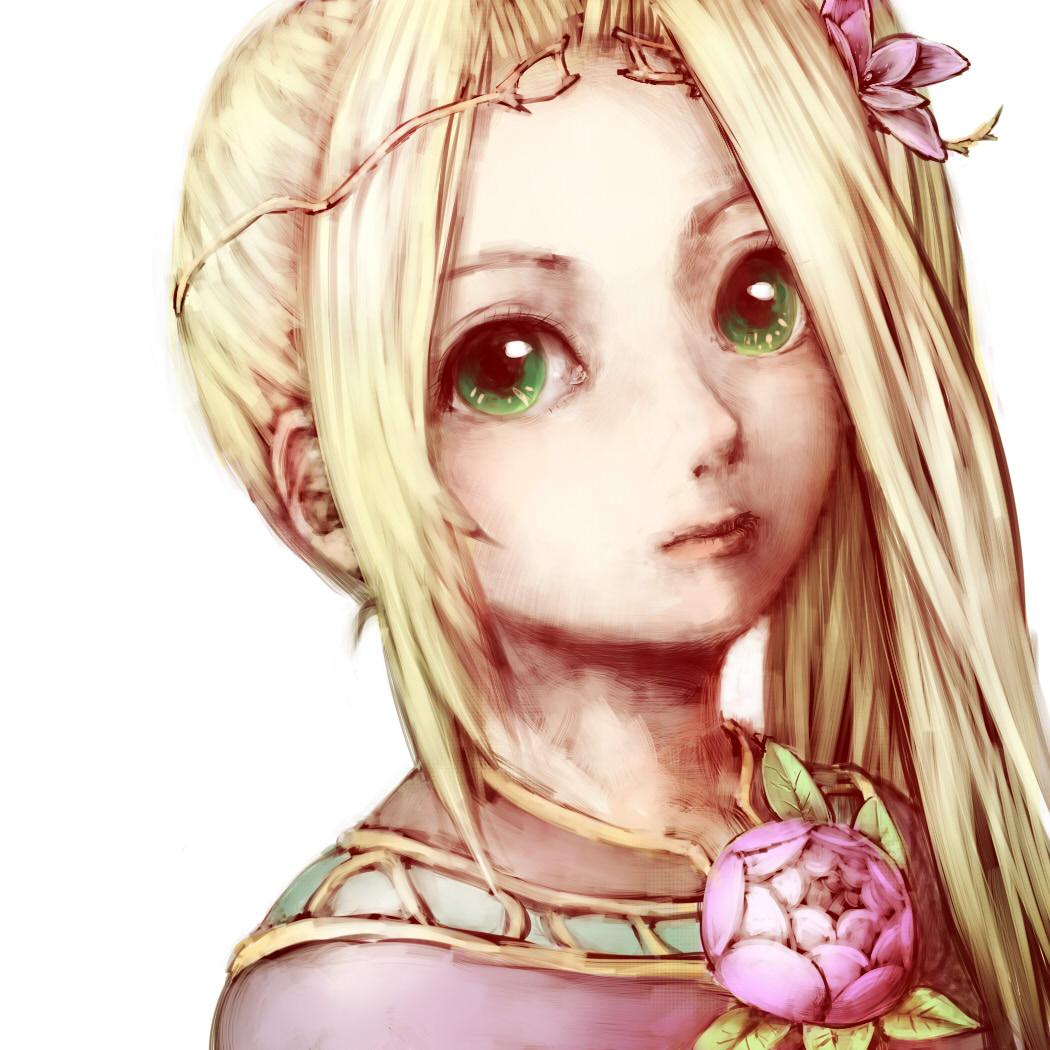 1girl, blonde_hair, commentary_request, flower, green_eyes, hair_flower, hair_ornament, kid_icarus