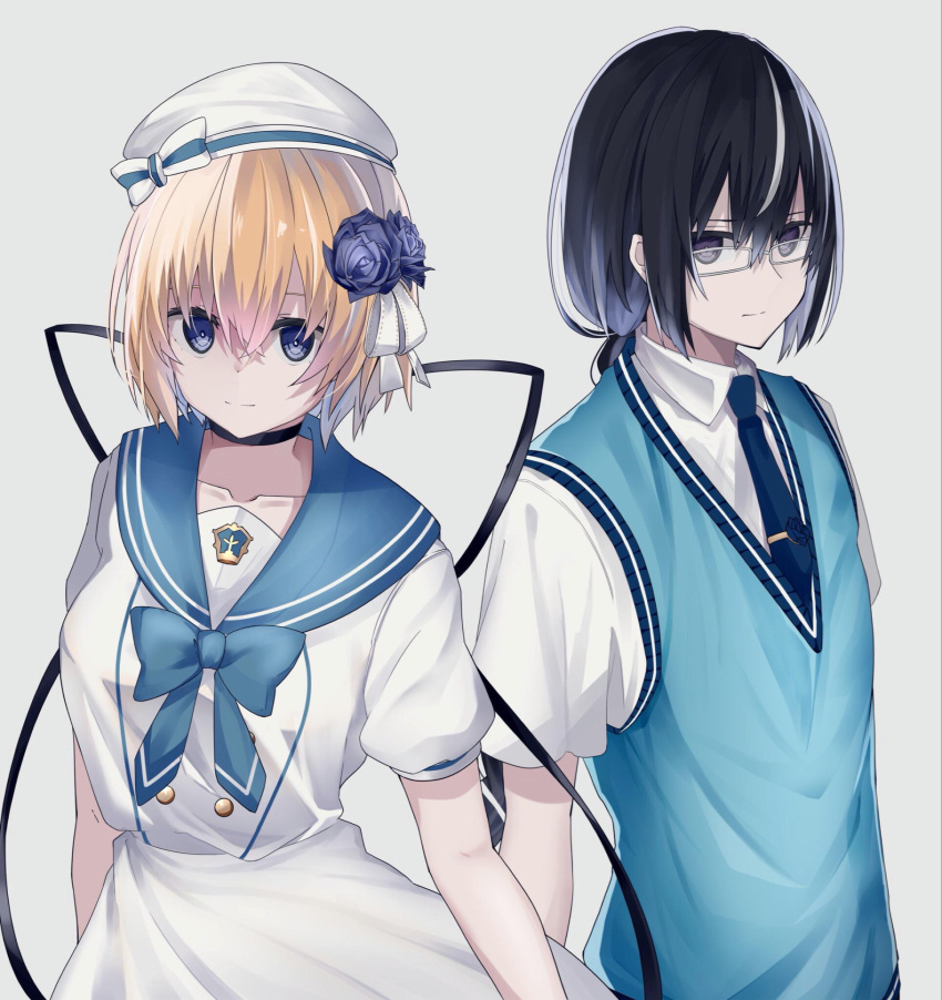 1boy, 1girl, aqua_vest, black_choker, black_hair, blonde_hair, blue_eyes, blue_flower