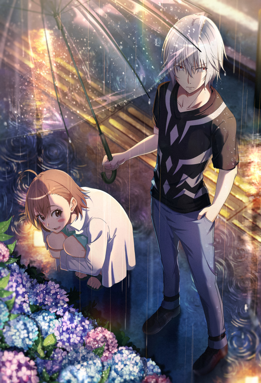 1boy, 1girl, absurdres, accelerator_(toaru_majutsu_no_index), ahoge, blue_pants, blush_stickers, brown_eyes, brown_hair, dress, flower, grabbing_own_leg, green_dress, hand_in_pocket, highres, holding, holding_umbrella, lab_coat, last_order_(toaru_majutsu_no_index), looking_to_the_side, one_way_sign, outdoors, pants, pension_z, print_dress, rain, red_eyes, toaru_majutsu_no_index, transparent, transparent_umbrella, two-tone_shirt, umbrella, white_hair