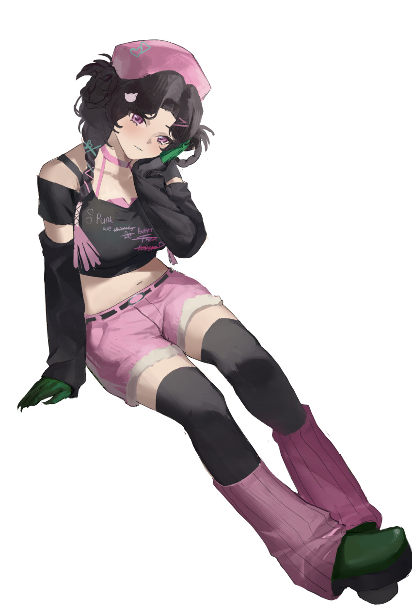 05ghxsu, 1girl, alternate_costume, anjo_nala, beret, black_hair, black_shirt, black_thighhighs