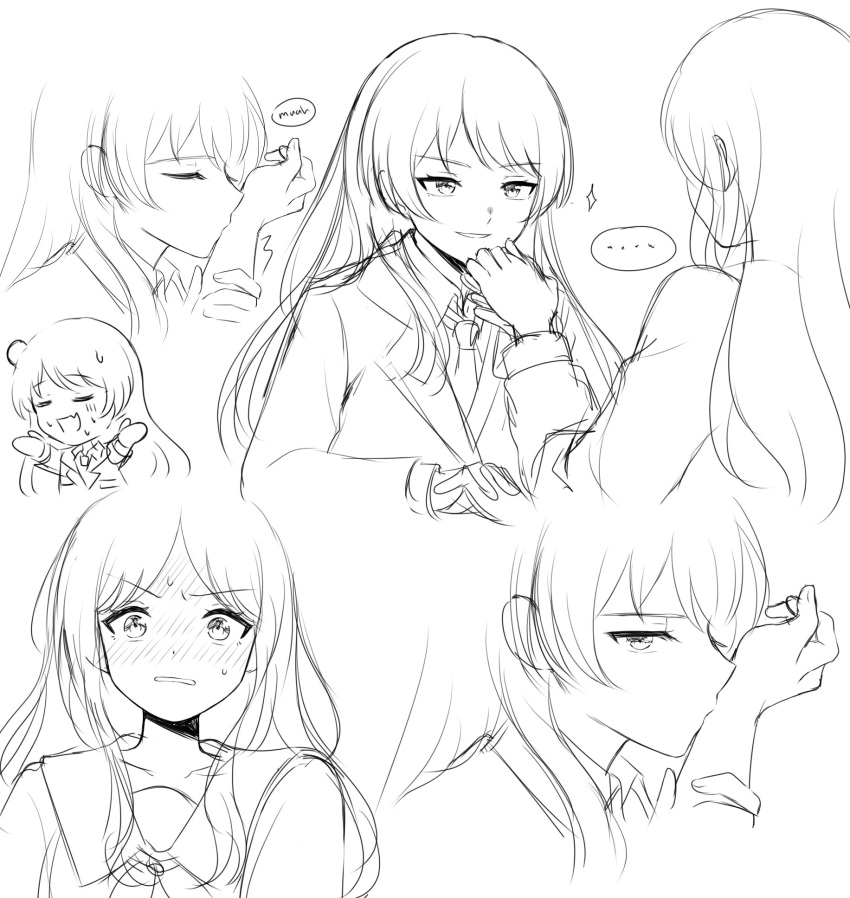 ..., 2girls, bang_dream!, bang_dream!_it's_mygo!!!!!, blush, chihaya_anon, fang, greyscale