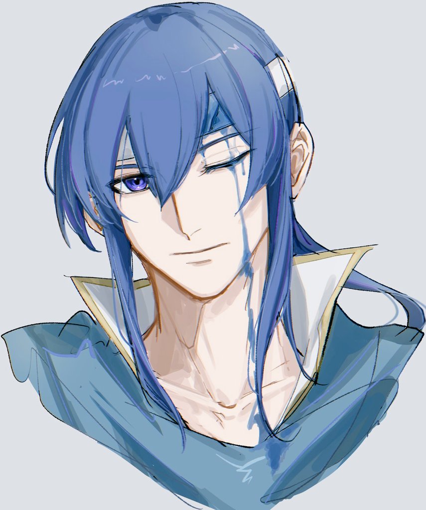 1boy, blood, blood_drip, blood_on_face, blood_on_neck, blue_blood, blue_cape, blue_eyes, blue_hair, cape, closed_mouth, collarbone, cropped_shoulders, double-parted_bangs, fire_emblem, fire_emblem:_genealogy_of_the_holy_war, grey_background, hair_between_eyes, hanaura_02, headband, high_collar, injury, looking_at_viewer, low_ponytail, male_focus, one_eye_closed, ponytail, seliph_(fire_emblem), sidelocks, v-shaped_eyebrows, white_headband