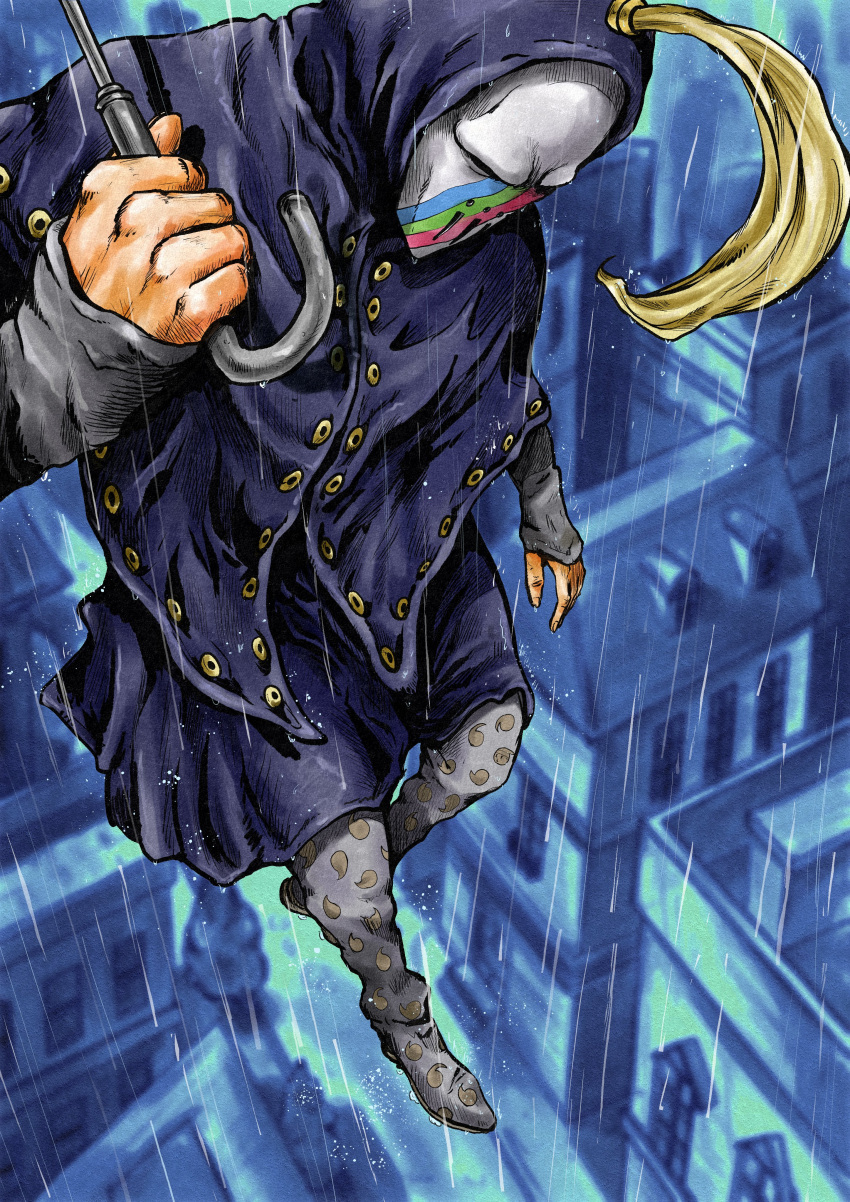 1boy, absurdres, araki_hirohiko_(style), blackmore, blonde_hair, blue_capelet, blue_coat, building