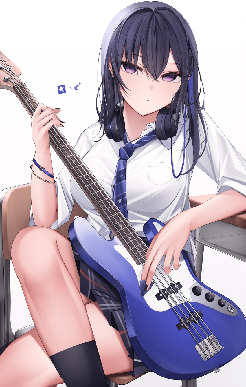1girl, absurdres, alternate_costume, bass_guitar, black_hair, black_nails, black_socks, blue_necktie