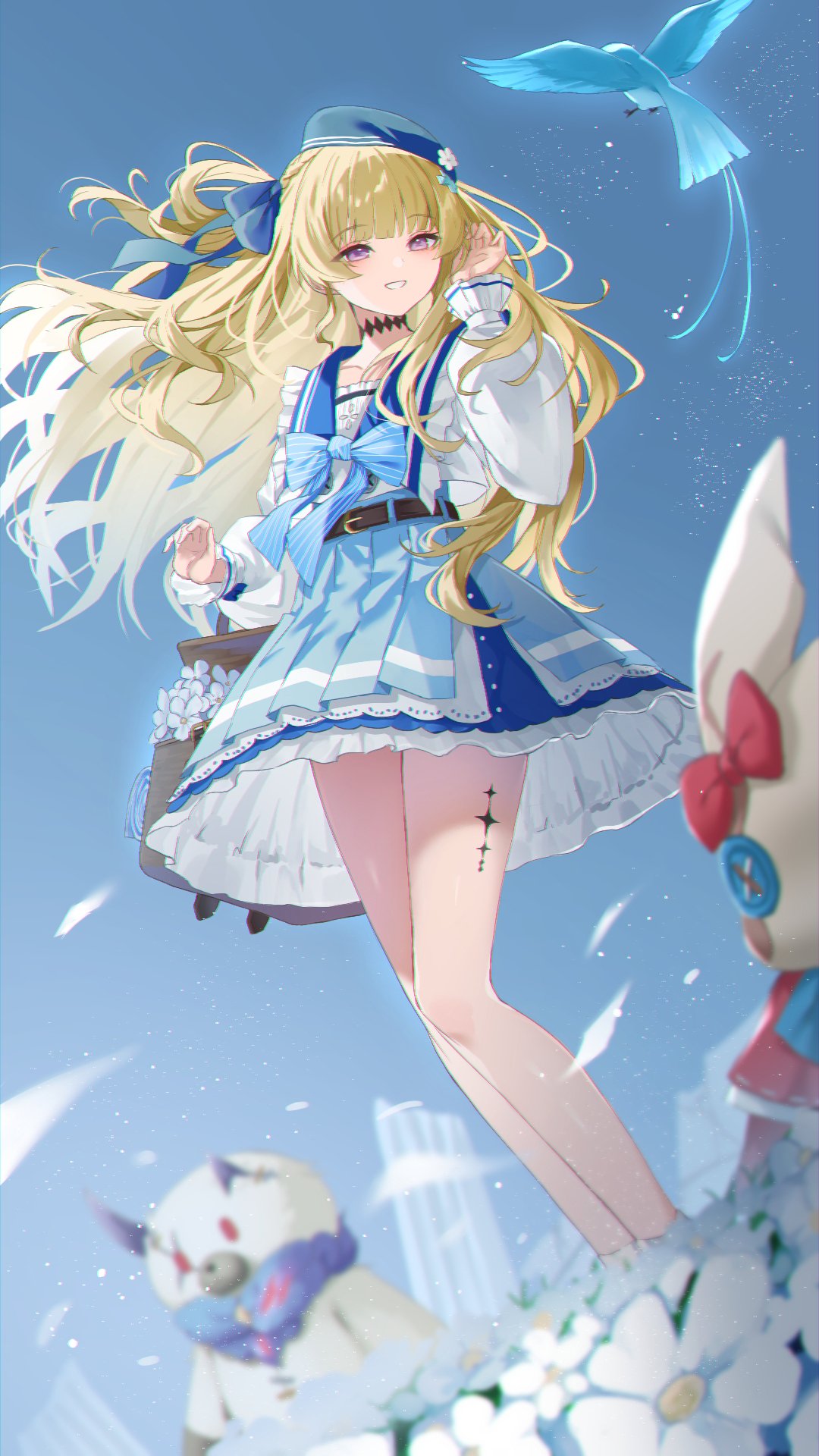 1girl, adjusting_clothes, adjusting_headwear, basket, beret, bird, blonde_hair, blue_bird, blue_bow, blue_bowtie, blue_hat, blue_skirt, blue_sky, blurry, blurry_background, bow, bowtie, broken_pillar, feet_out_of_frame, floating_hair, flower, grin, hair_bow, hand_up, hat, highres, holding, holding_basket, kuramoto_beta-carotene, long_hair, long_sleeves, miniskirt, official_alternate_costume, phoebe_(wuthering_waves), puffy_long_sleeves, puffy_sleeves, shirt, skirt, sky, smile, socks, solo, standing, tacet_discord_(wuthering_waves), tacet_mark_(wuthering_waves), turning_head, violet_eyes, white_flower, white_shirt, white_socks, wuthering_waves