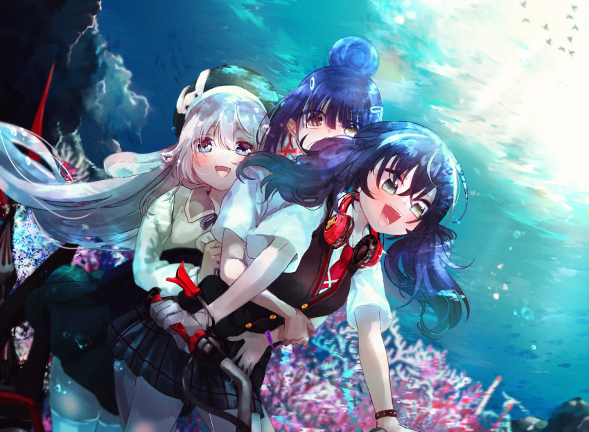 3girls, :d, air_bubble, azur_lane, beret, black_hair, black_hat, bracelet