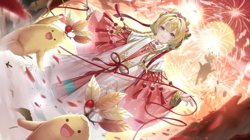 1girl, blonde_hair, braid, chinese_clothes, dutch_angle, fireworks, flower, ginseng