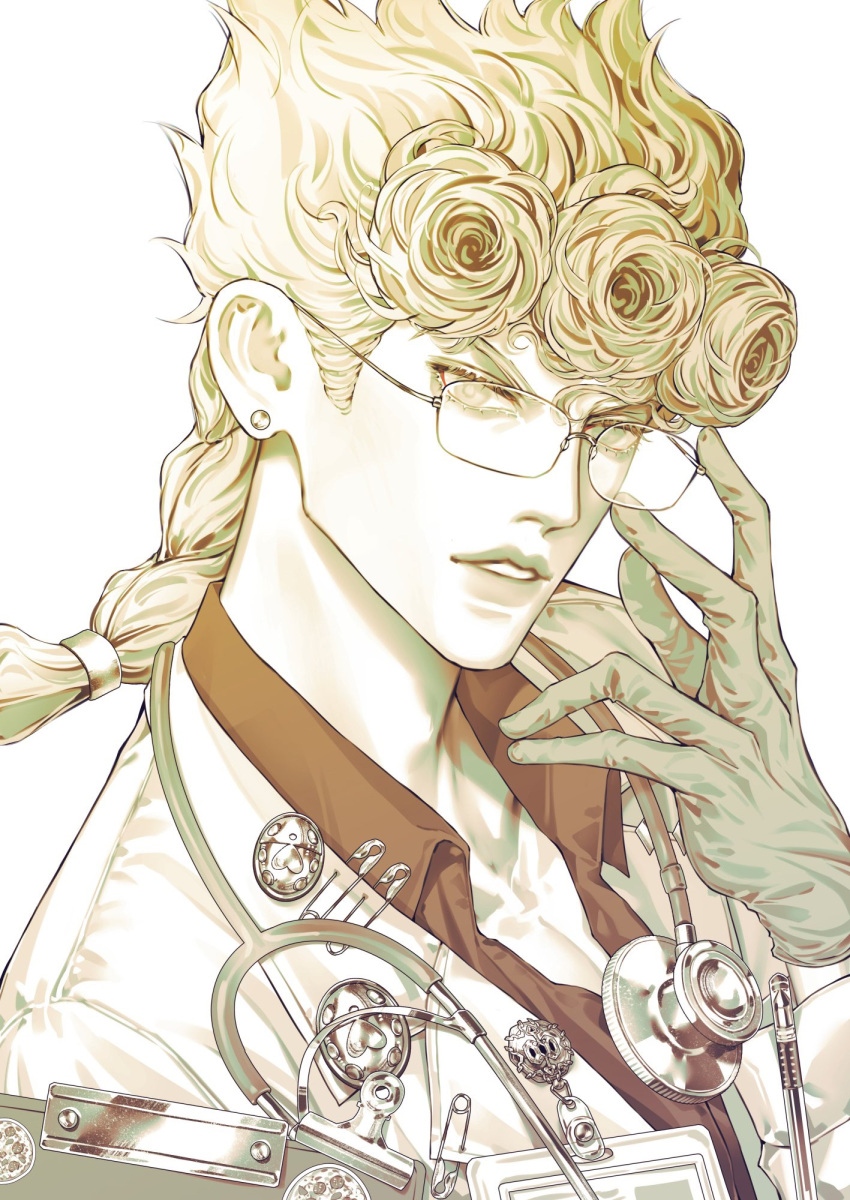 1boy, adjusting_eyewear, alternate_costume, bespectacled, blonde_hair, braid, braided_ponytail, clipboard