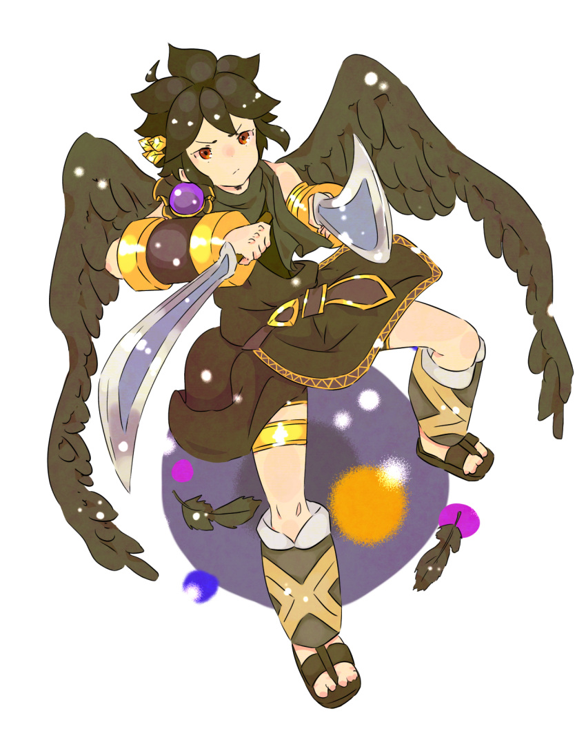1boy, ahoge, angel, angel_wings, black_feathers, black_hair, cha_bakashi, dark_pit