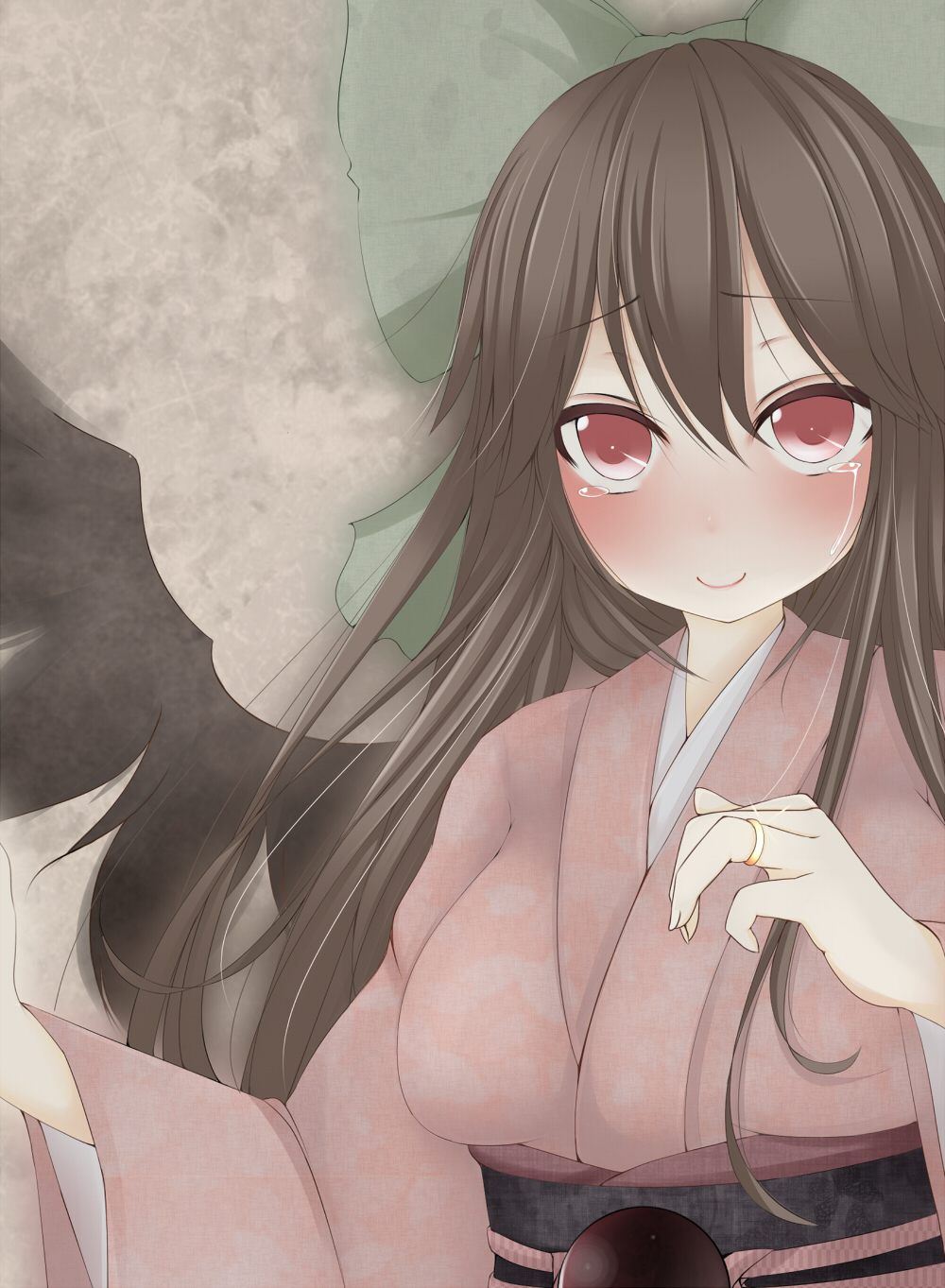 bad_id, happy_tears, highres, japanese_clothes, jewelry, kimono, looking_at_viewer, reiuji_utsuho, ring, smile, solo, suiren_(artist), suiren_(mystia6b), tears, touhou