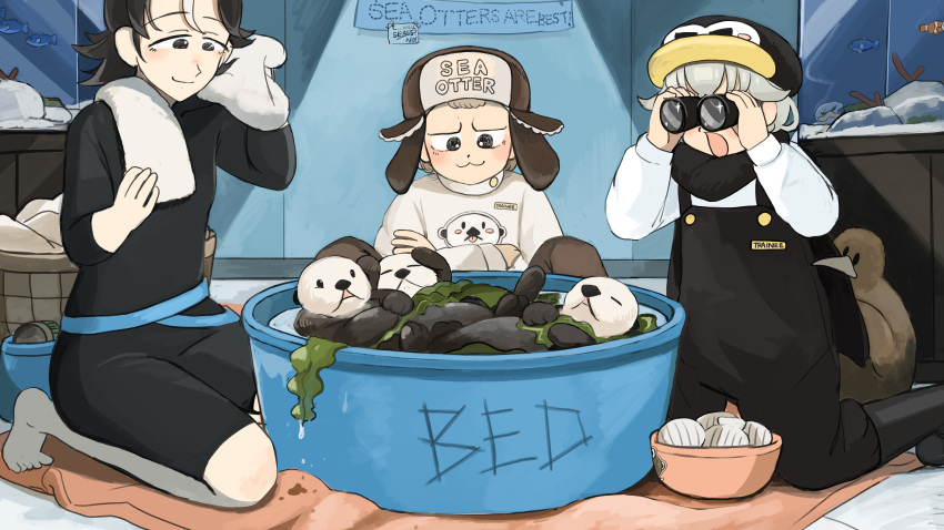 1boy, 2girls, :3, :o, absurdres, barefoot, binoculars, bird