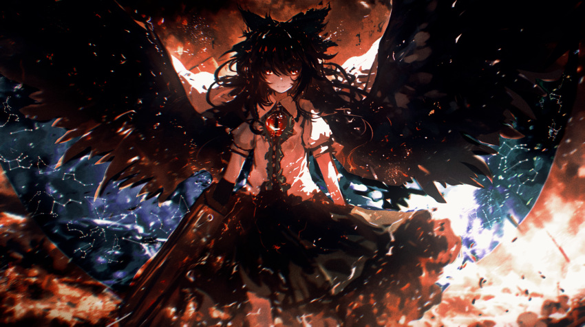 1girl, andromeda_(constellation), aquarius_(constellation), aries_(constellation), arm_cannon, big_dipper, bird_wings, black_hair