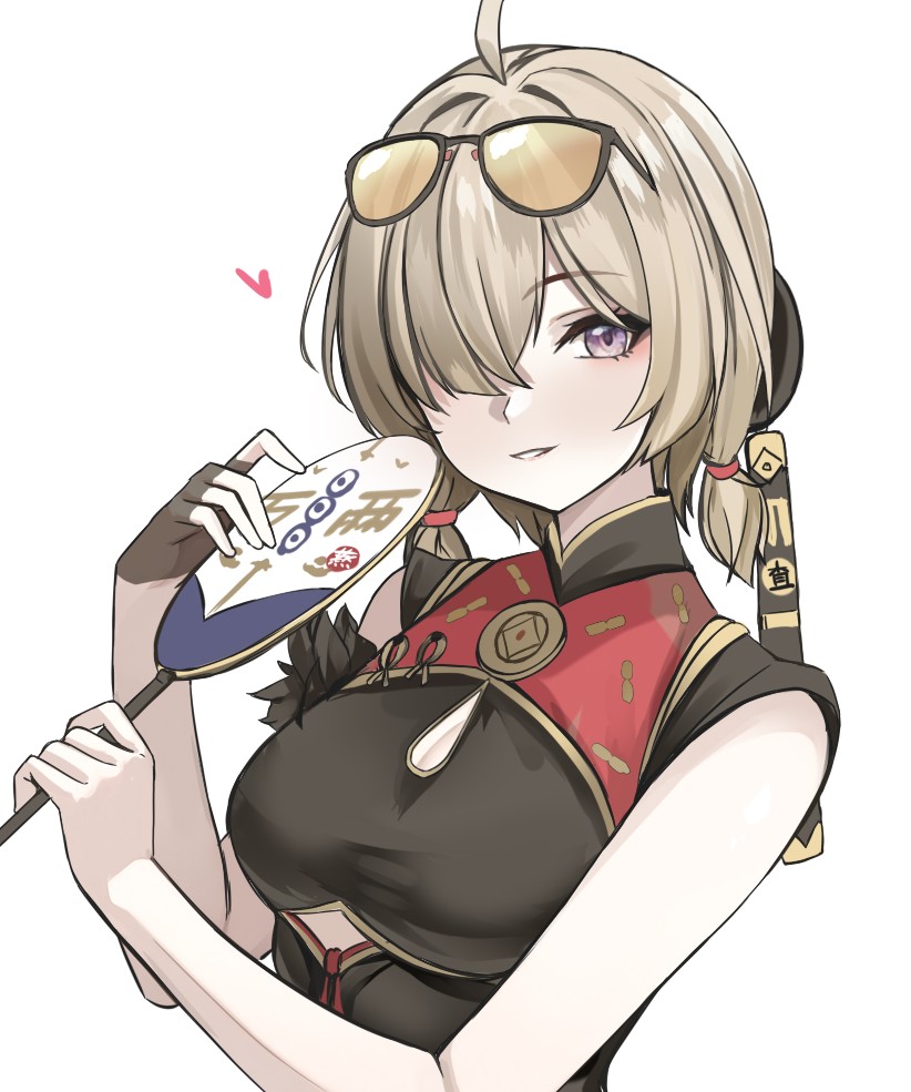 1girl, ahoge, china_dress, chinese_clothes, cleavage_cutout, clothing_cutout, cutout_above_navel, dress, eyewear_on_head, gloves, hair_intakes, hair_over_one_eye, hand_fan, open_mouth, se34tai, short_twintails, single_glove, sleeveless, solo, sunglasses, twintails, upper_body, zenless_zone_zero