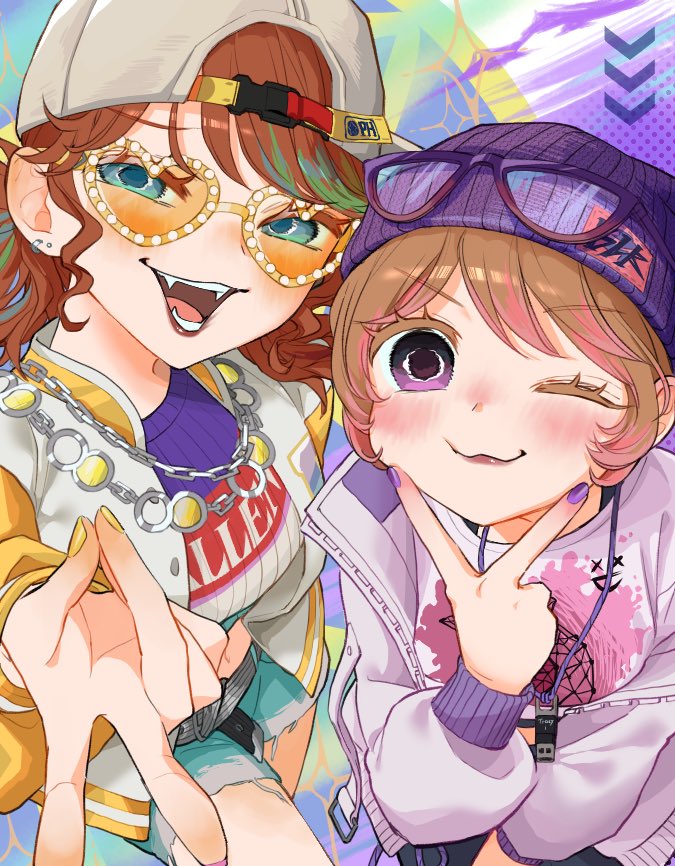 2girls, :3, backwards_hat, baseball_cap, beanie, blue_eyes, blush, brown_hair