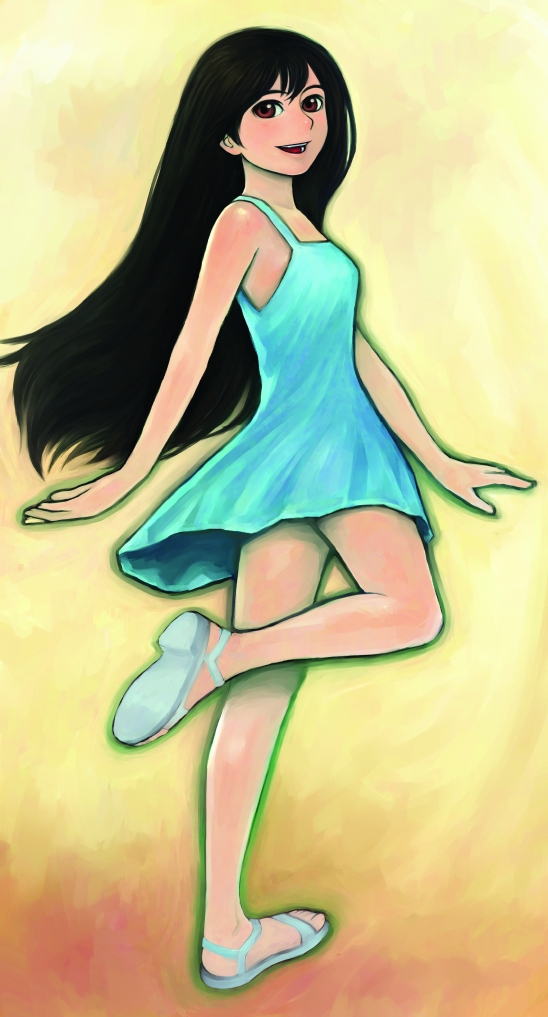 1girl, aqua_dress, artist_request, black_hair, brown_eyes, character_request, check_artist, choe_chi_ho