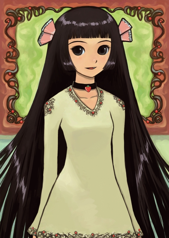 1girl, artist_request, black_choker, black_hair, blunt_bangs, blunt_sidelocks, breasts, character_request