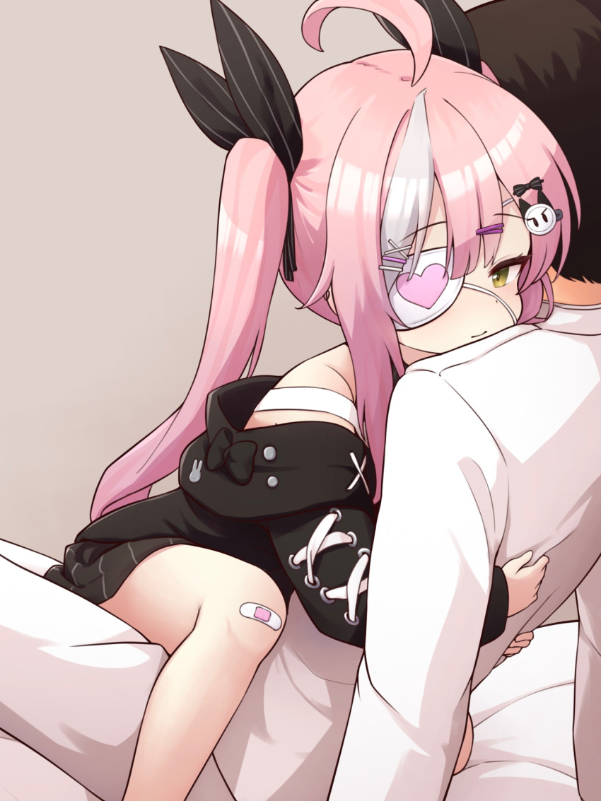 1boy, 1girl, ahoge, azur_lane, bandaid, bandaid_on_knee, bandaid_on_leg, black_ribbon