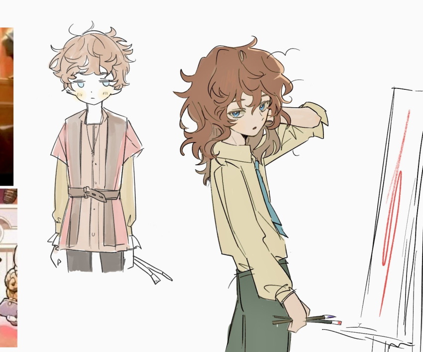 1boy, androgynous, arm_up, blue_eyes, blue_necktie, brown_hair, canvas_(object), easel