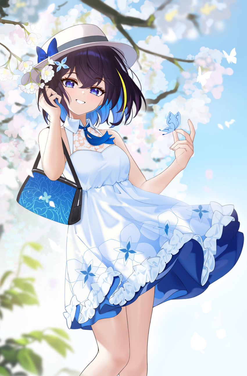 1girl, absurdres, bag, bare_shoulders, black_hair, blonde_hair, blue_eyes, blue_hair