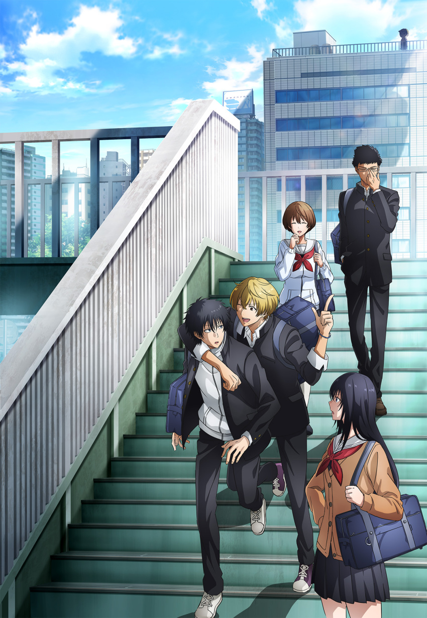 2girls, arm_around_shoulder, artist_request, bag, black_hair, black_jacket, black_pants, blonde_hair, blue_sky, building, closed_eyes, closed_mouth, clouds, day, glasses, hand_in_pocket, highres, jacket, katagiri_yuuichi, kokorogi_yutori, long_hair, long_sleeves, looking_at_another, miniskirt, multiple_boys, multiple_girls, neckerchief, official_art, one_eye_closed, open_mouth, outdoors, pants, pleated_skirt, purple_shoes, red_neckerchief, sailor_collar, sawaragi_shiho, school_bag, school_uniform, shoes, short_hair, skirt, sky, skyscraper, sneakers, stairs, standing, standing_on_one_leg, tomodachi_game, v-shaped_eyebrows, white_jacket, white_sailor_collar, white_shoes