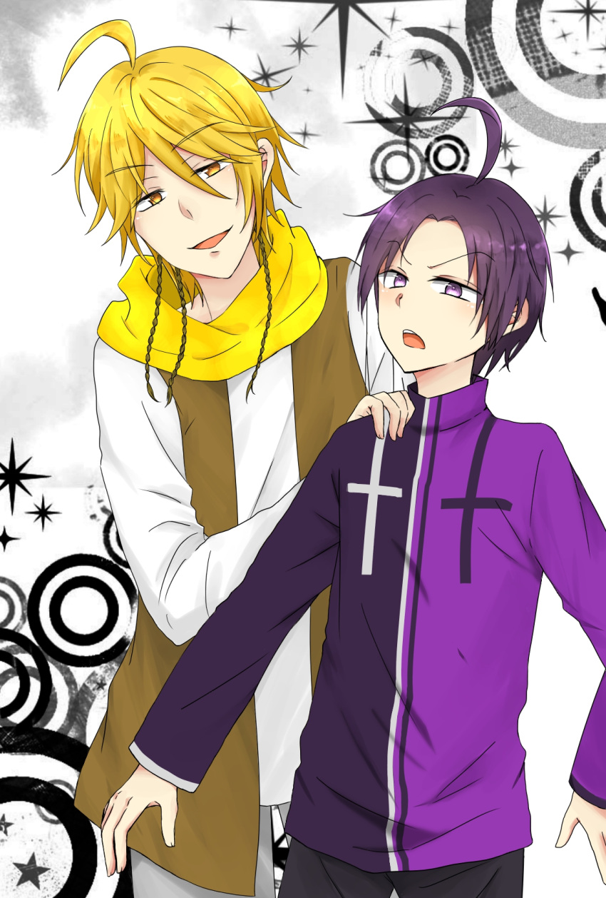 2boys, ahoge, alicein_mikuni, alicein_misono, angry, belphegor-1222, blonde_hair, braid, brothers, highres, male_focus, multiple_boys, scarf, servamp, short_hair, siblings, side_braid, violet_eyes, yellow_scarf