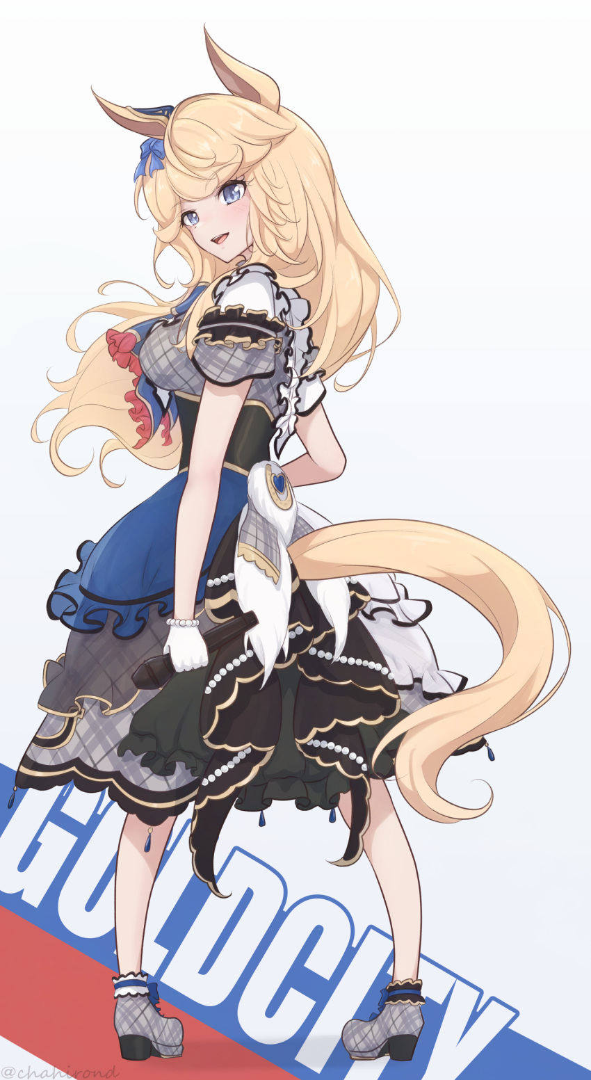 1girl, absurdres, animal_ears, blonde_hair, blue_bow, blue_eyes, bow, chahiro, character_name, ear_bow, from_behind, gloves, gold_city_(umamusume), grey_jacket, grey_shoes, grey_skirt, highres, holding, holding_microphone, horse_ears, horse_girl, horse_tail, jacket, long_hair, looking_at_viewer, microphone, official_alternate_costume, plaid_clothes, plaid_footwear, plaid_jacket, plaid_skirt, shoes, skirt, smile, solo, tail, tail_through_clothes, twitter_username, umamusume, white_gloves