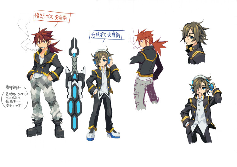 2boys, artist_request, azure_striker_gunvolt, azure_striker_gunvolt_1, black_jacket, black_pants, brown_hair, concept_art