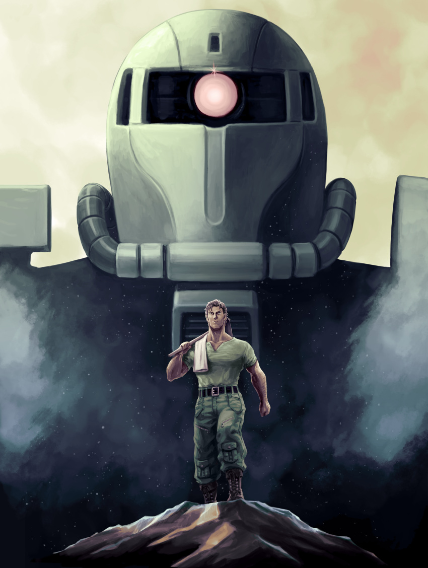 1boy, absurdres, belt, cucuruz_doan, facial_hair, green_pants, green_shirt, gundam