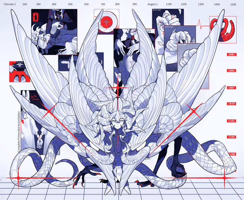3others, absurdres, angel, angel_wings, biblically_accurate_angel, bird_legs, blood, blood_on_arm
