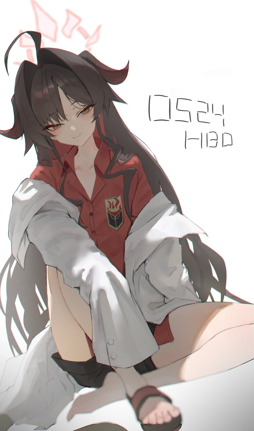 1girl, absurdres, ahoge, barefoot, black_hair, black_horns, black_sandals, black_shorts