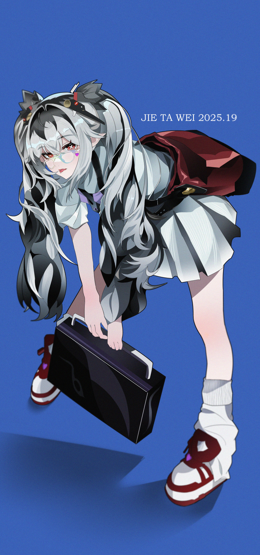 1girl, absurdres, black_hair, blue_background, character_name, dated, fley-lan, glasses