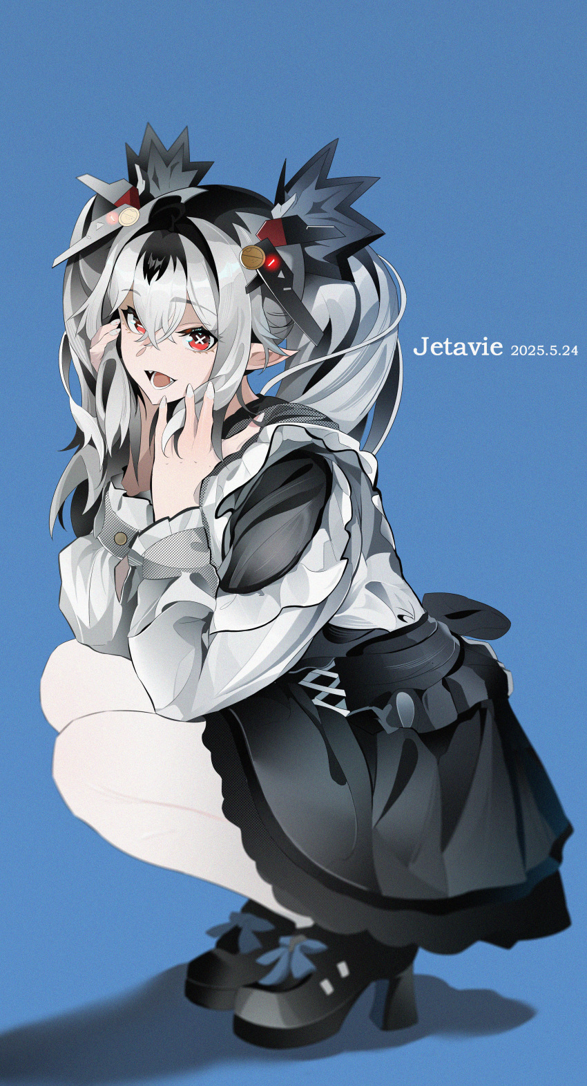 1girl, absurdres, black_hair, black_shoes, black_skirt, blue_background, character_name, dated, fang, fley-lan, frilled_shirt, frills, grey_hair, hair_intakes, hair_ornament, headgear, high_heels, highres, jetavie_(pgr), looking_at_viewer, mismatched_pupils, multicolored_hair, open_mouth, playing_with_own_hair, pointy_ears, punishing:_gray_raven, red_eyes, shirt, shoes, sidelocks, skirt, slit_pupils, solo, streaked_hair, symbol-shaped_pupils, twintails, white_nails, white_shirt, x-shaped_pupils