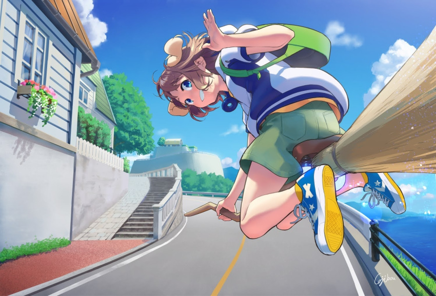 1girl, animal_ears, backpack, bag, blue_eyes, blue_jacket, blue_shoes, broom