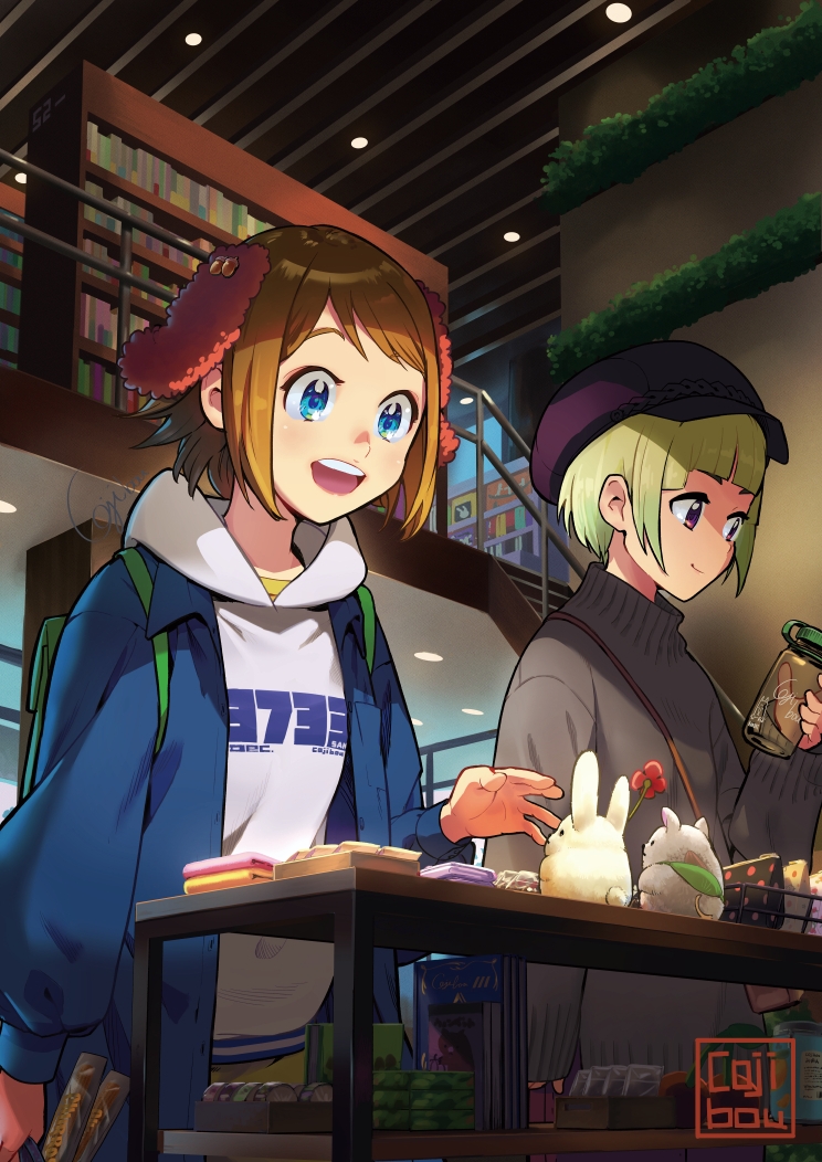 2girls, :d, animal_ears, backpack, bag, blue_eyes, blue_jacket, blunt_bangs