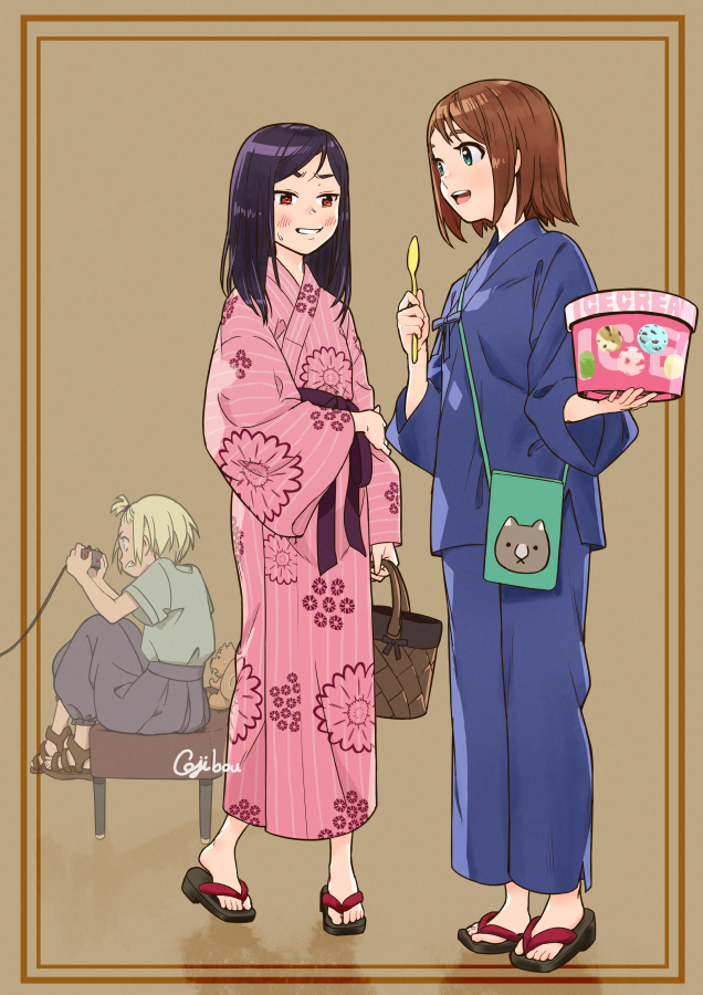 3girls, bag, blonde_hair, blue_jacket, blue_pants, brown_hair, clenched_teeth, cojibou