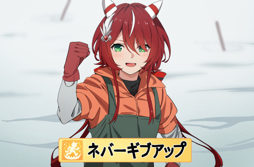 1girl, animal_ears, clenched_hand, cosplay, ear_covers, ear_ornament, green_eyes, hair_between_eyes