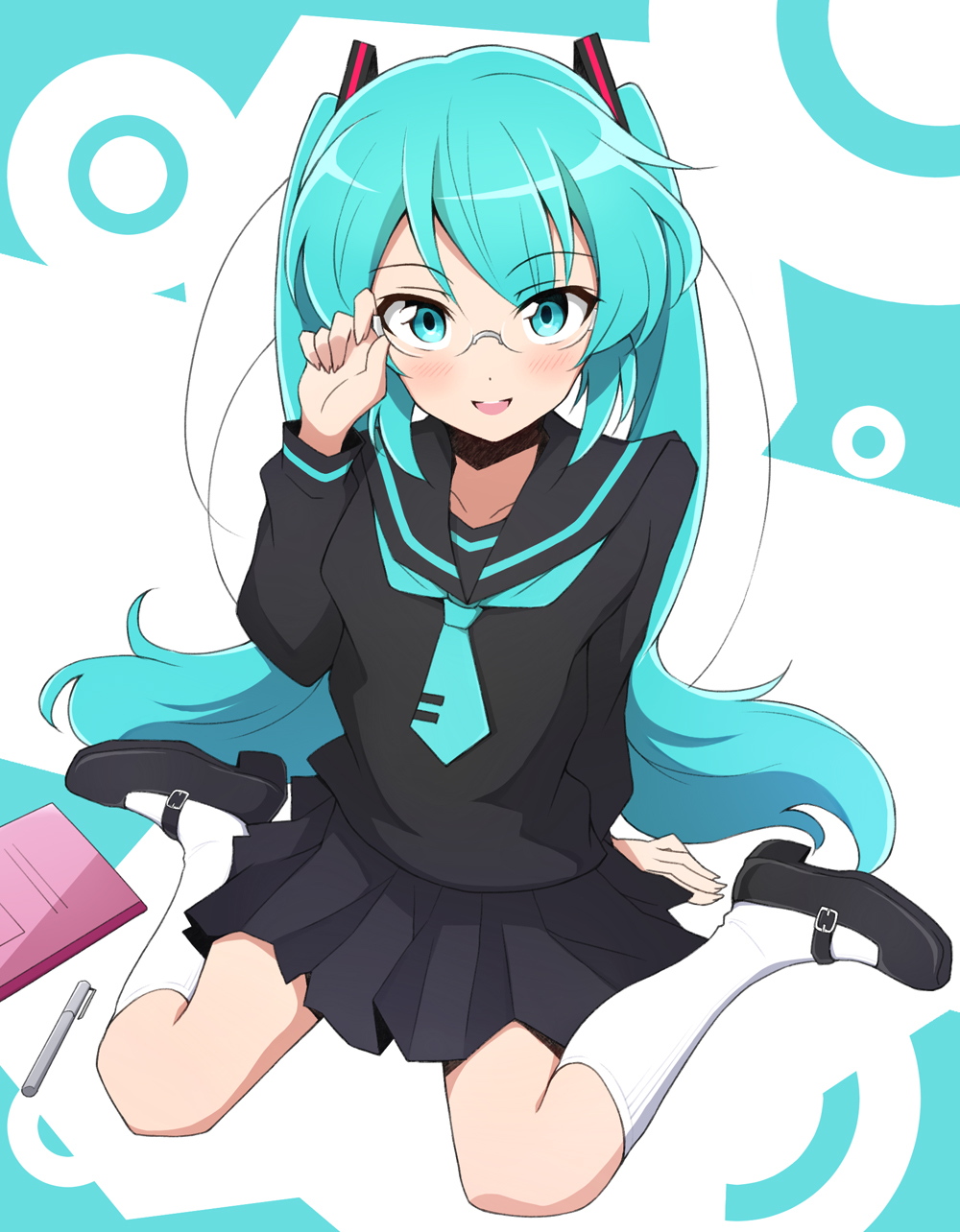 1girl, alternate_costume, bespectacled, black_sailor_collar, black_serafuku, black_shirt, black_shoes, black_skirt