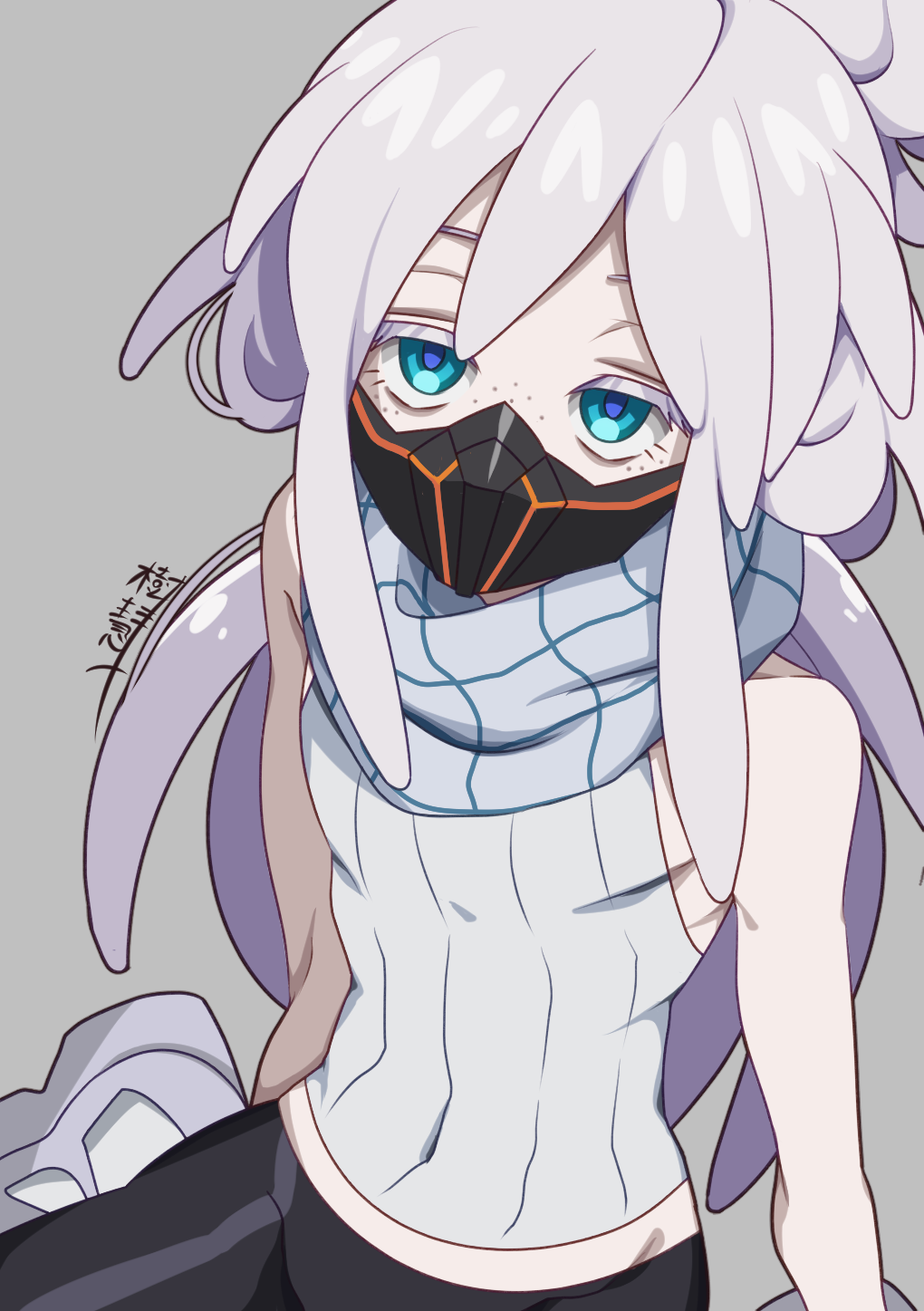 1girl, blue_eyes, colored_eyelashes, commentary_request, deux_murasame, expressionless, flat_chest, freckles