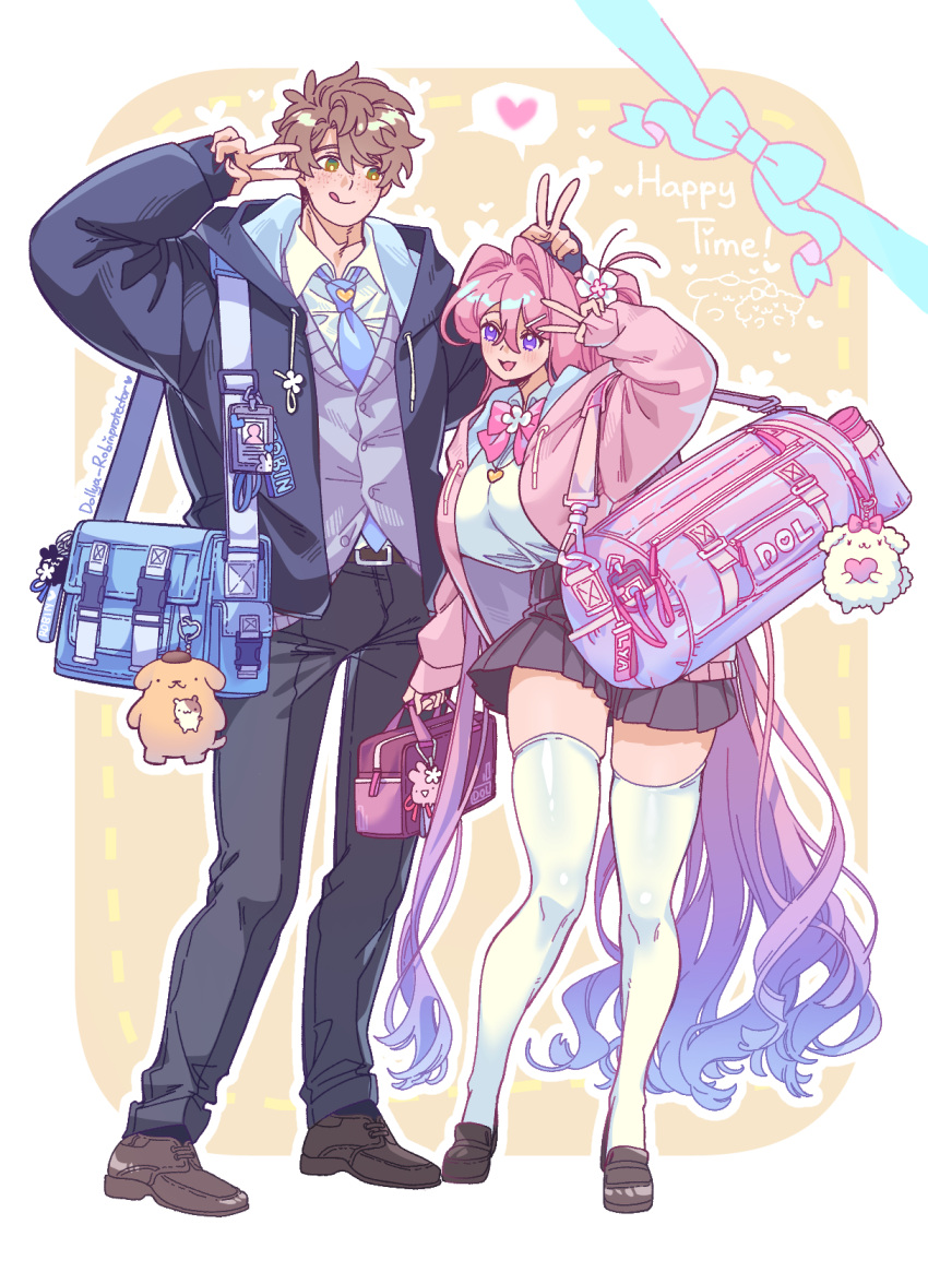 1boy, 1girl, blue_bag, blue_jacket, bow, bowtie, brown_eyes, brown_hair