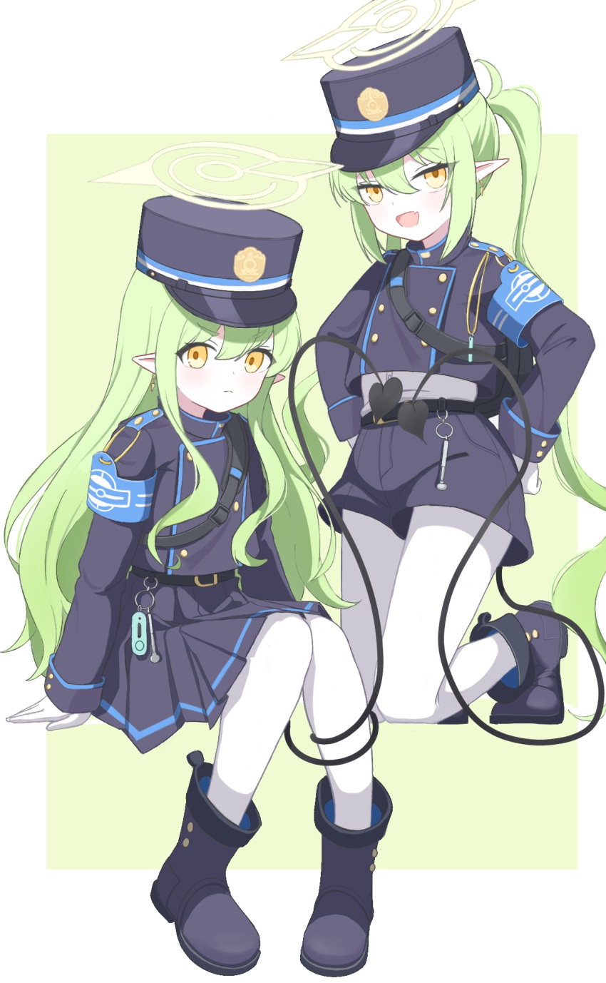 2girls, blue_archive, blue_boots, blue_hat, blue_shirt, blue_shorts, blue_skirt, boots