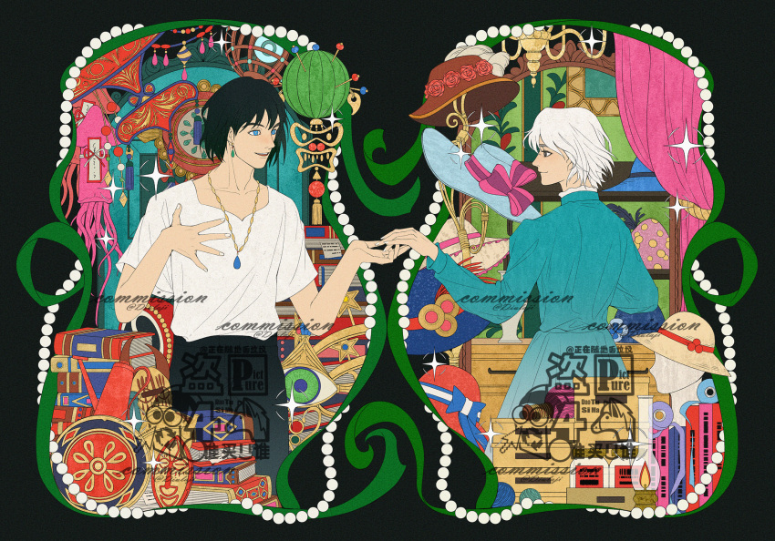 1boy, 1girl, 8er8er1s, aqua_dress, black_hair, black_pants, blue_eyes, blue_gemstone