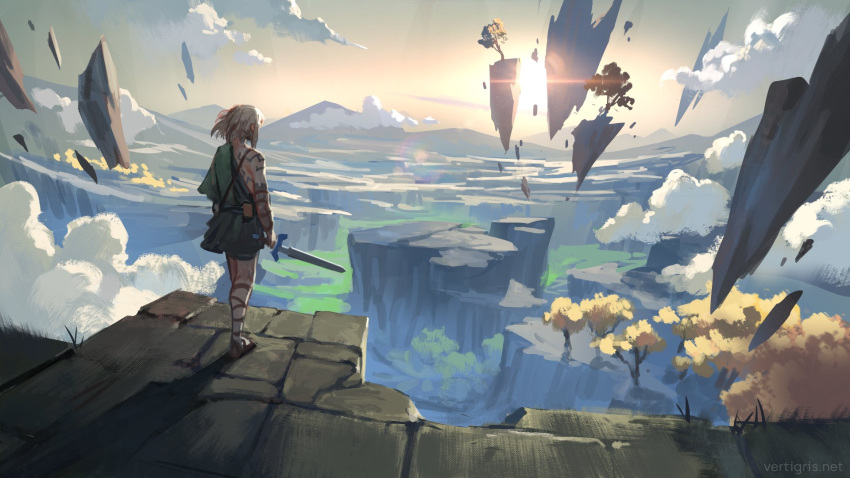 1boy, above_clouds, archaic_set_(zelda), arms_at_sides, artist_name, back, belt, body_markings