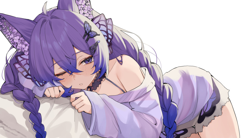1girl, ahoge, animal_ears, bare_shoulders, blue_hair, bra_strap, braid, butterfly_hair_ornament, gradient_hair, grey_shorts, hair_between_eyes, hair_ornament, hairclip, highres, indie_virtual_youtuber, long_hair, long_sleeves, looking_at_viewer, mugripley, multicolored_hair, off-shoulder_shirt, off_shoulder, one_eye_closed, parted_lips, purple_hair, shirt, short_shorts, shorts, simple_background, solo, twin_braids, twintails, very_long_hair, violet_eyes, virtual_youtuber, white_background, white_shirt