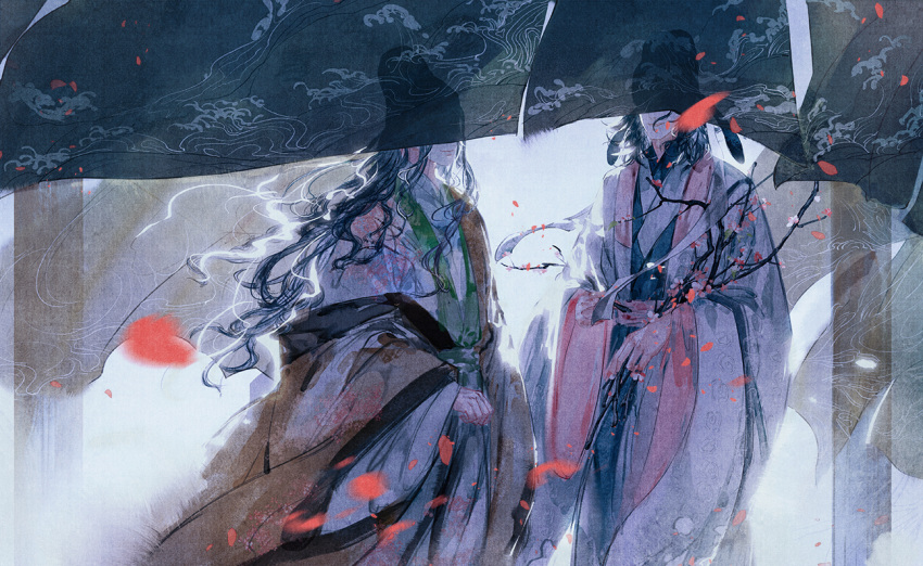 2boys, black_hair, blue_robe, branch, chinese_clothes, closed_mouth, coat, covered_eyes