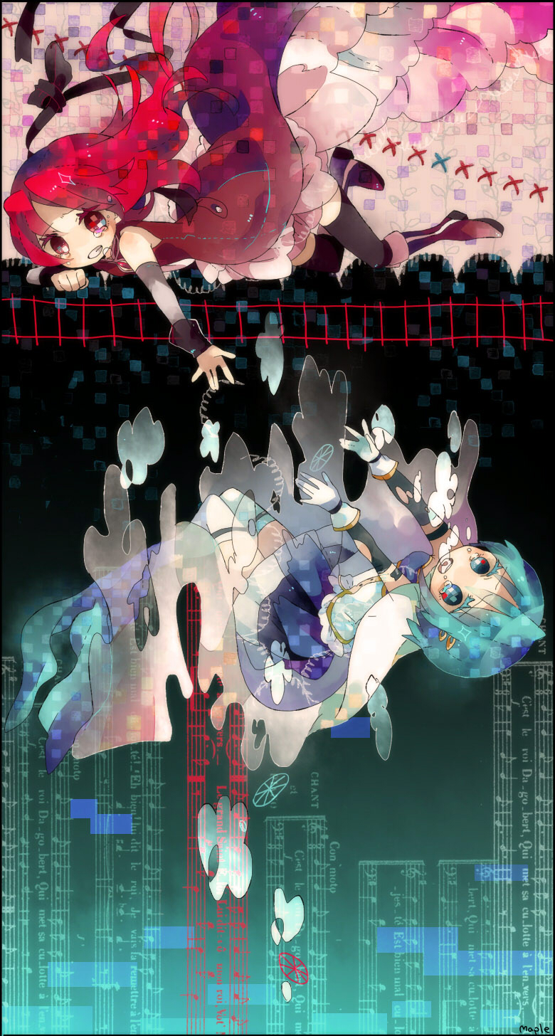 alternate_hairstyle, blue_hair, boots, bubble, cape, clenched_teeth, falling, gloves