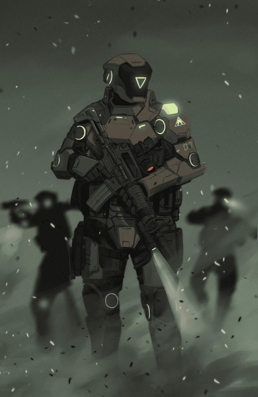 3others, assault_rifle, blue_archive, blurry, blurry_background, flashlight, gun, highres
