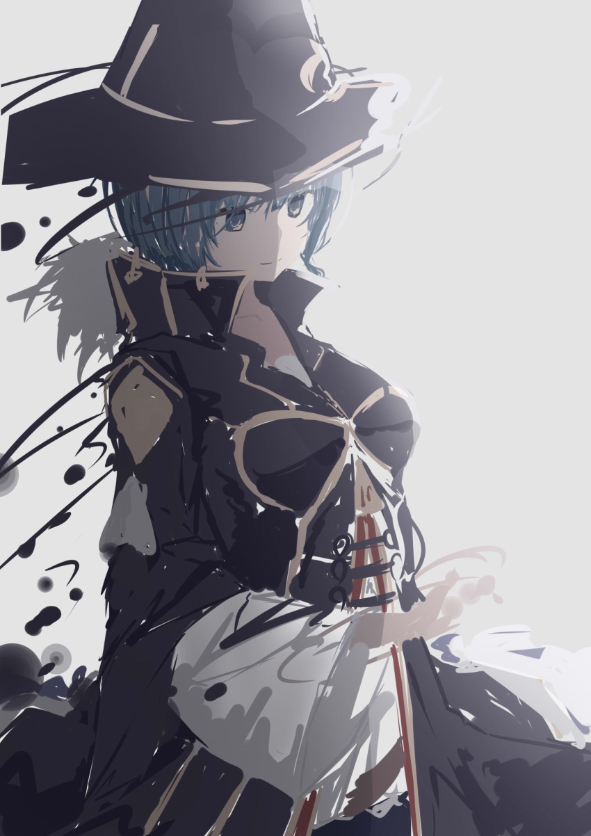 1girl, blue_coat, blue_eyes, blue_hair, breasts, closed_mouth, coat, fam_(grimms_notes)