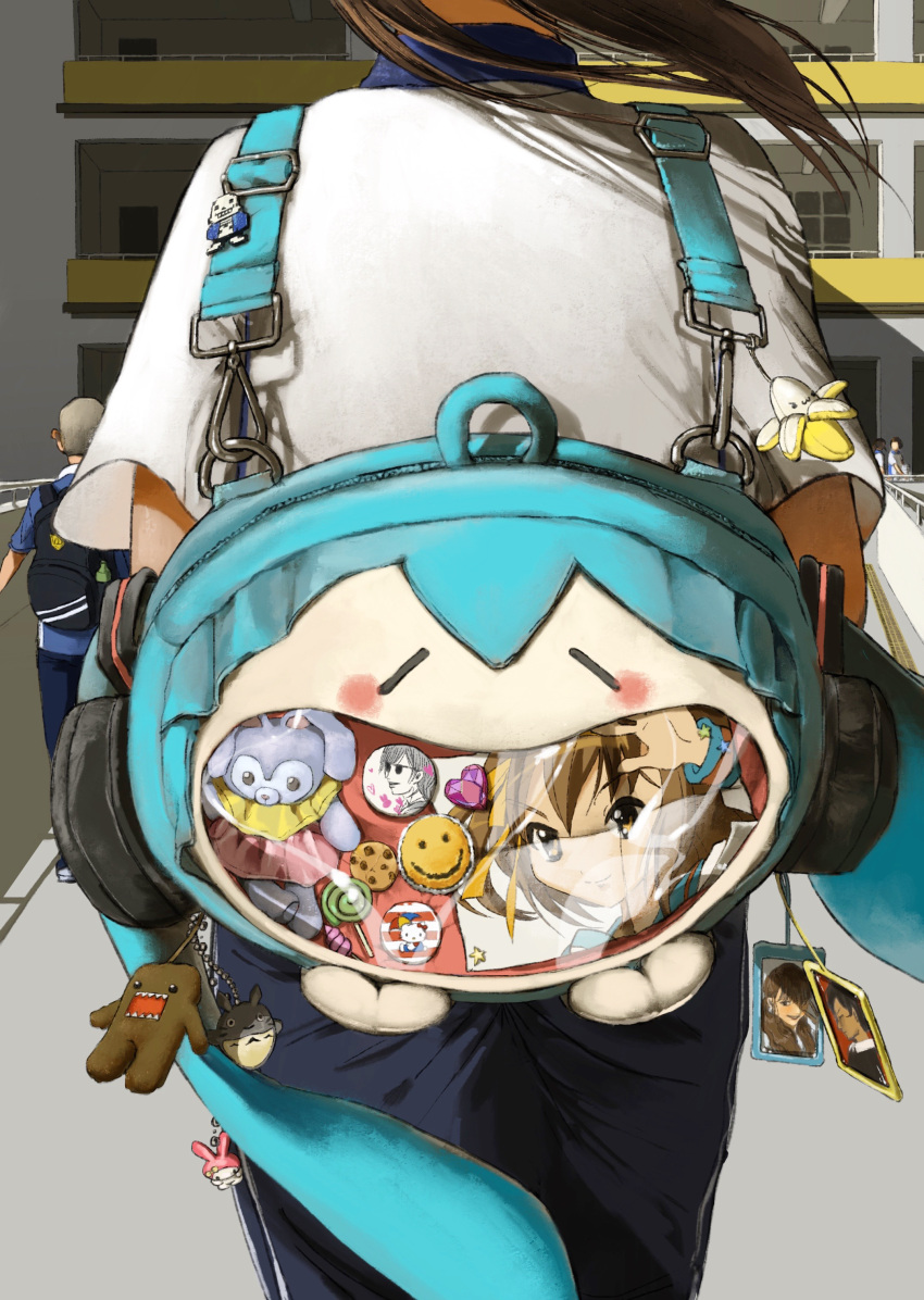 1girl, absurdres, apartment, backpack, badge, bag, banana, blue_bag